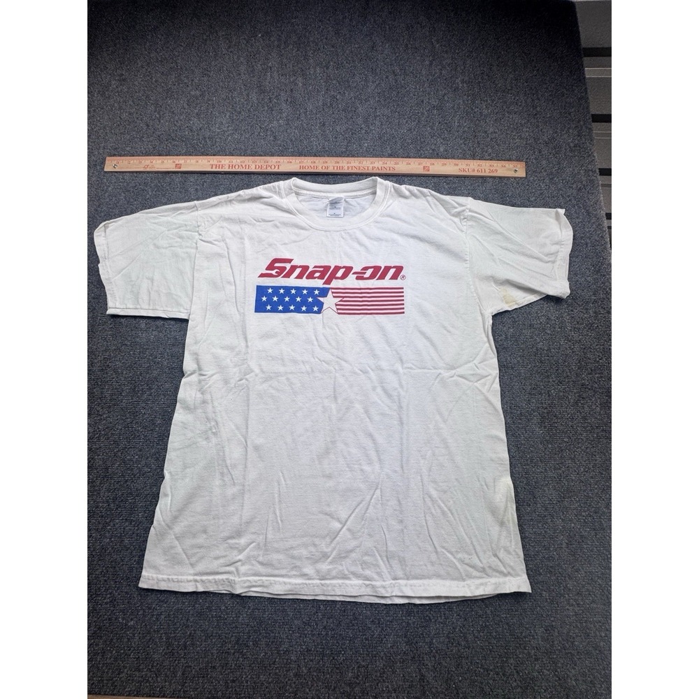 Vtg Snap On Tools T Shirt Size  XL White Script W/American Flag With Star Ok Con